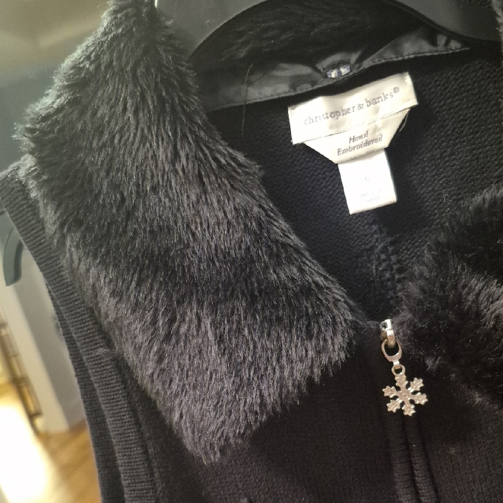 Christopher & Banks Black Vest with Faux Fur Collar